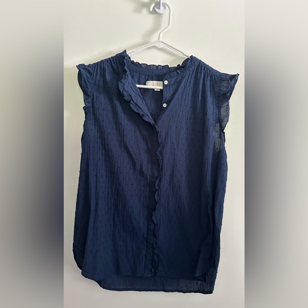 LOFT. Navy Blue Ruffle Blouse.